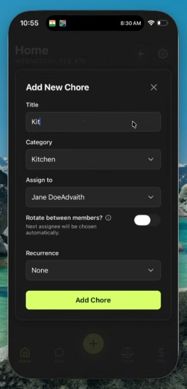 YurUp app screen showing the Add New Chore form with category, assignee and rotation options