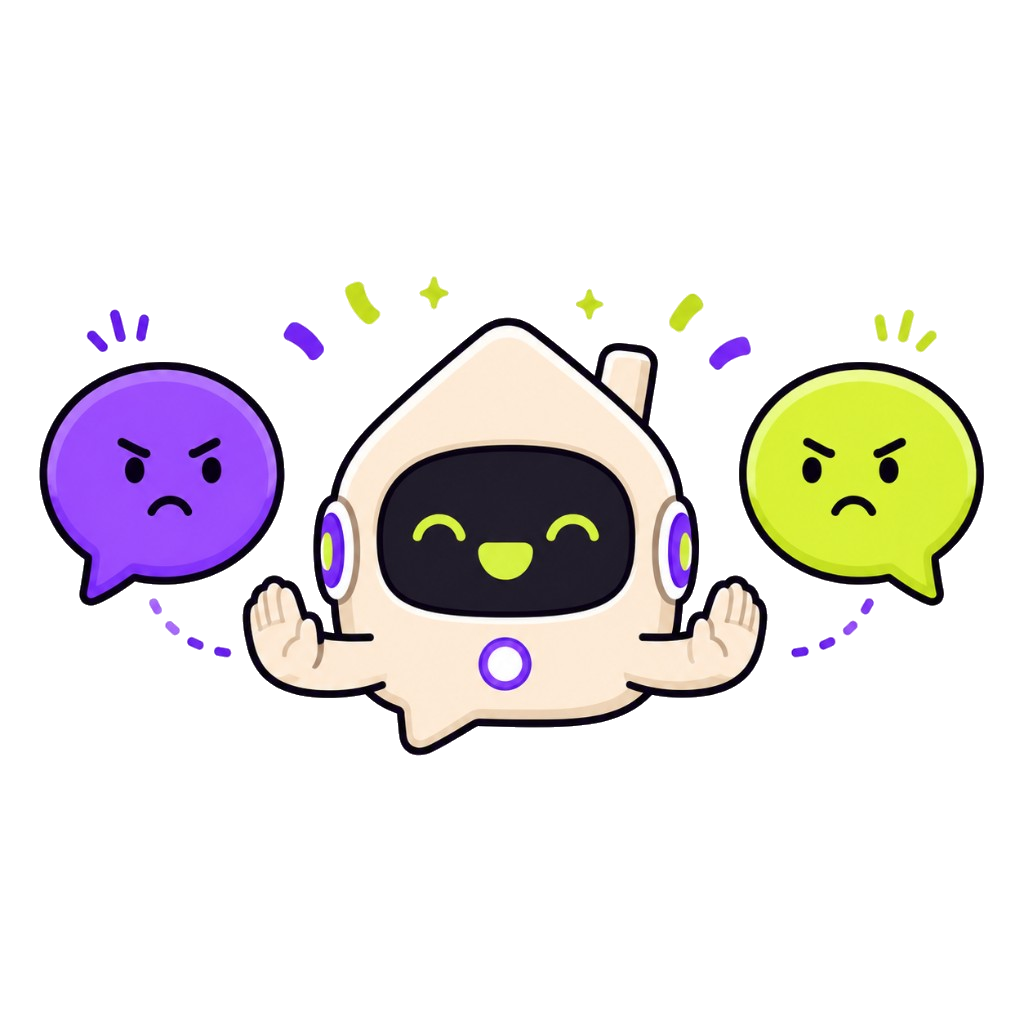 Tidy AI, a house-shaped robot calmly mediating between two frustrated speech bubbles